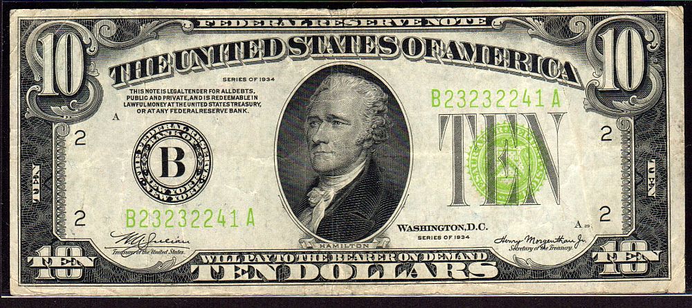 Fr.2004-B, 1934 $10 FRN, Light Green Seal, B23232241A